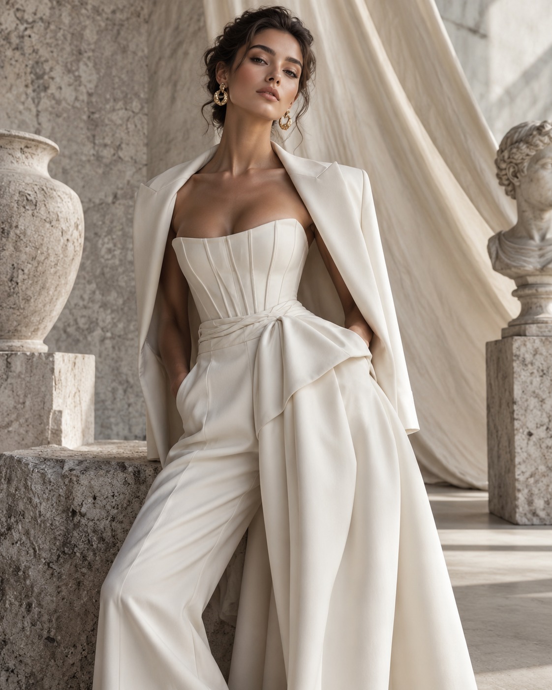 SCULPTURAL WHITE JUMPSUIT — Haute Couture Tailoring & Classical Architecture