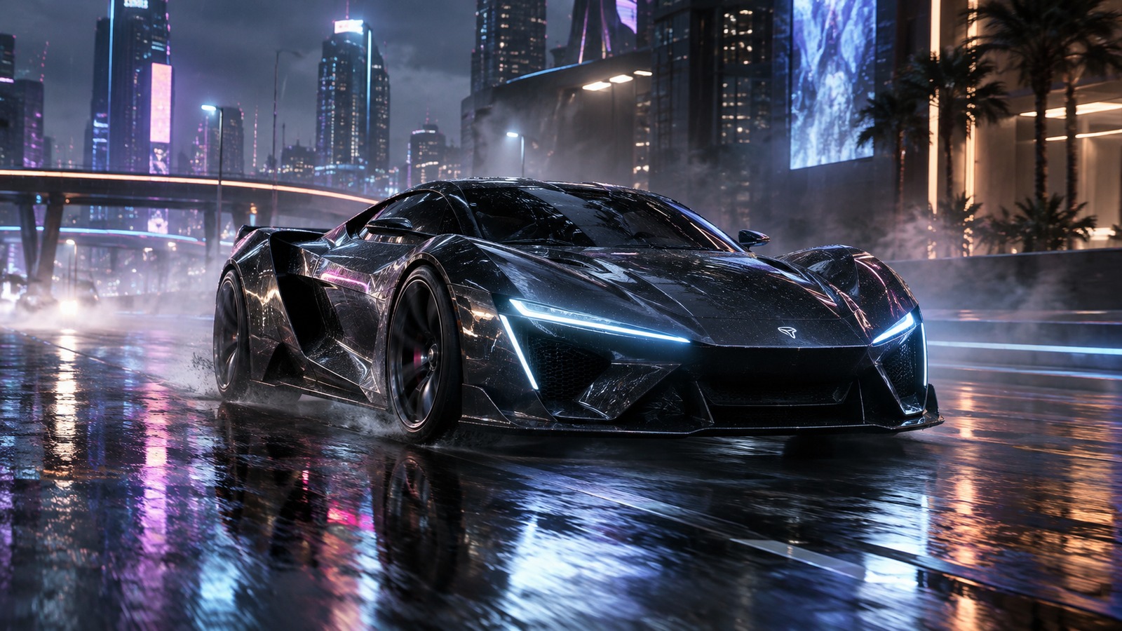 CYBERPUNK NEON HYPERCAR — Cyberpunk Wet Boulevard & Neon Reflections