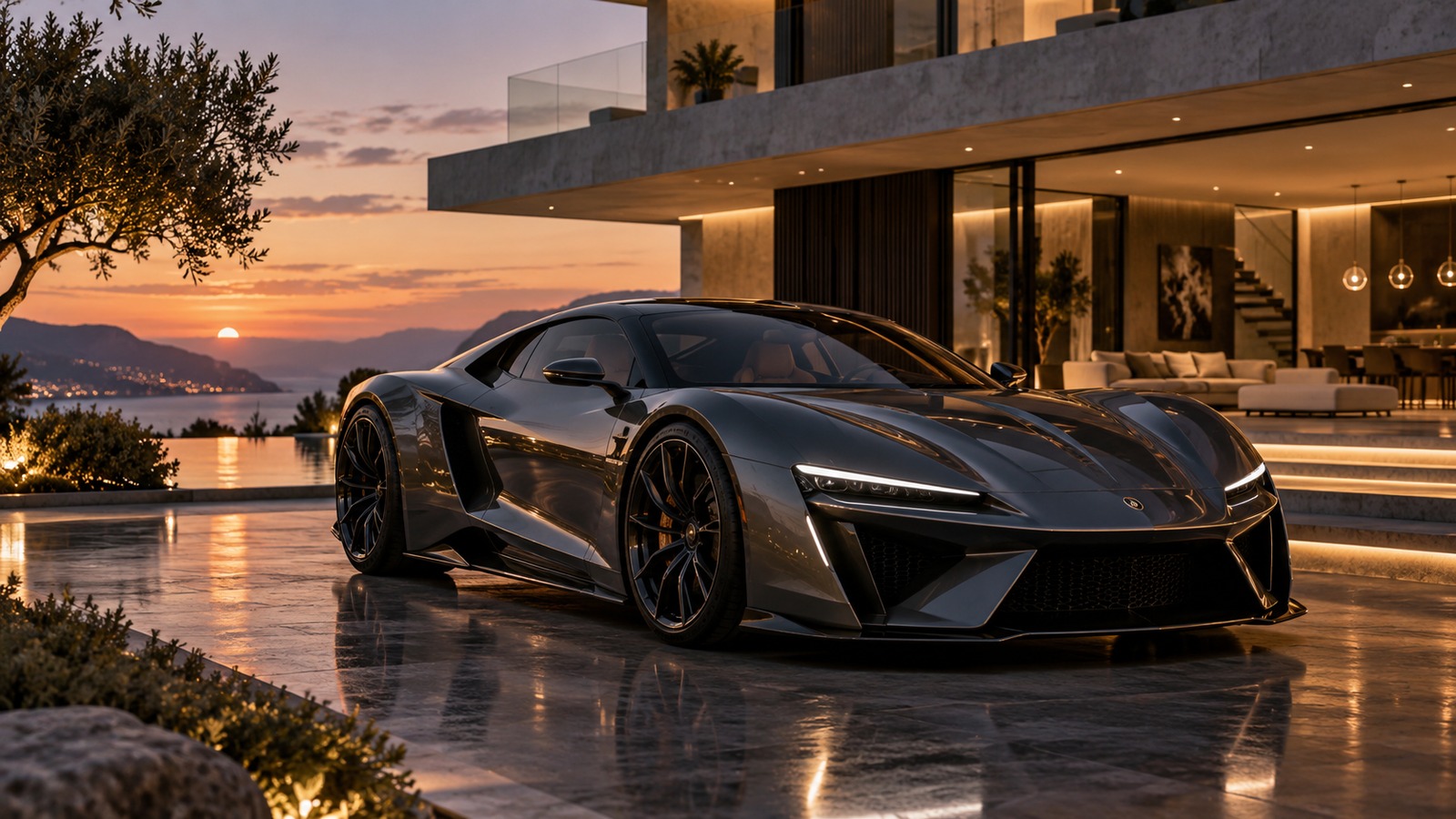 MODERN VILLA DRIVEWAY HYPERCAR — Architectural Villa Driveway & Ultra-Modern Estate