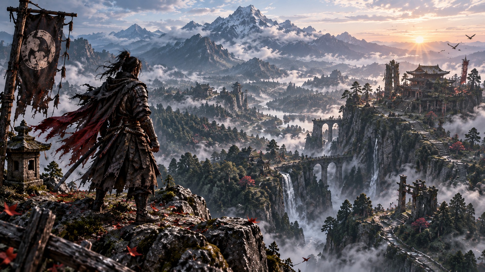 WANDERING RONIN CLIFF VISTA — Wandering Ronin & Mist-Shrouded Mountain Pagodas