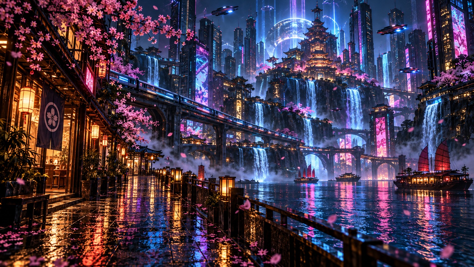 CYBER PAGODA METROPOLIS — Futuristic Water City & Hologram Pagodas